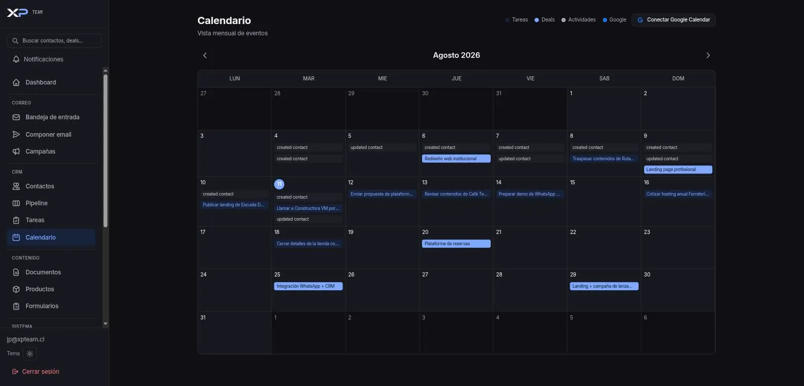 Vista de calendario de XPTeam con eventos sincronizados desde Google Calendar.
